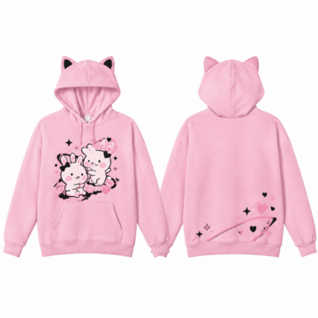 Pink and Black Cartoon Print Pullover Hoodie