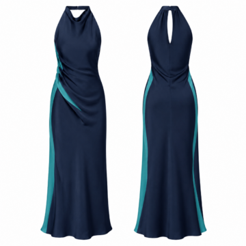 Navy and Turquoise Halter Maxi Dress with Keyhole Back and Draped Waist