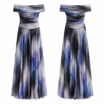 Black and Silver Off-the-Shoulder Pleated Maxi Dress with Watercolor Print