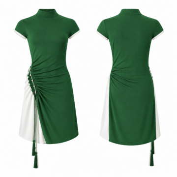 Green and White Print Midi Dress with Square Neck and Short Puff Sleeves