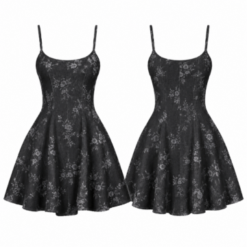 Black and Gray Print Midi Dress with Smocked Bodice and Short Puff Sleeves